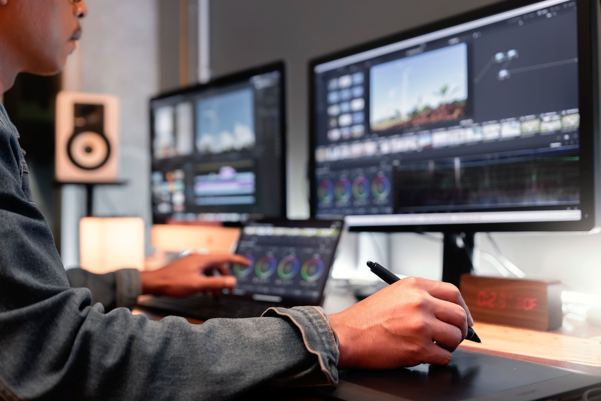 filmaker, movie video editor or colorist, wearing denim jacket, working with footage or video on his personal computer by pen tool and tablet, in his creative office studio.